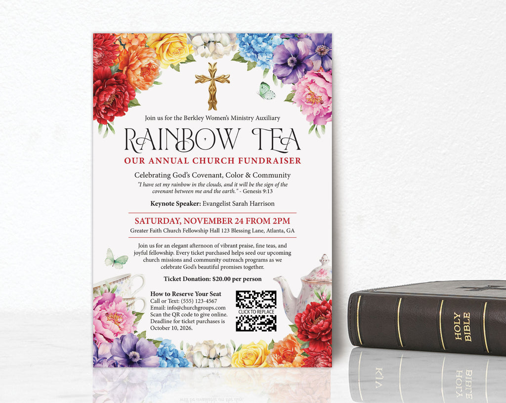 fundraiser invitation for a church rainbow tea event with bright flowers, qcode, teapot and scripture leaning up against a wall next to a black bible