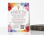 fundraiser invitation for a church rainbow tea event with bright flowers, qcode, teapot and scripture leaning up against a wall next to a black bible