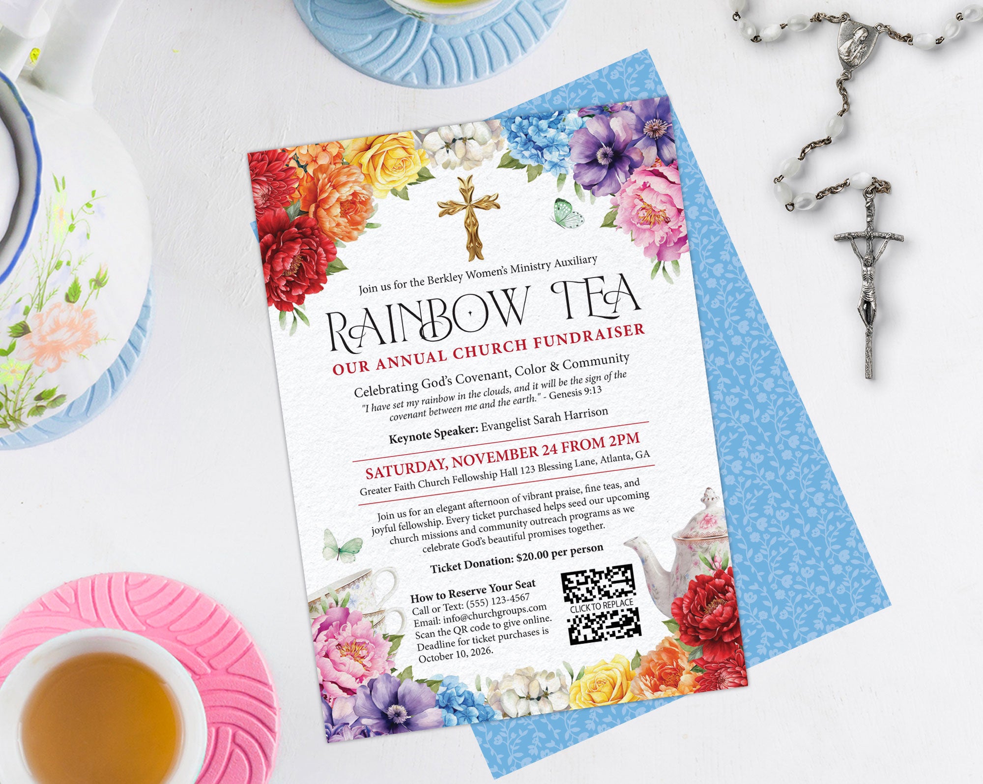 elegant and bright digital download church invitation laying on a white table on the blue pattern back, surrounded by a crucifix, tea cups and a teapot