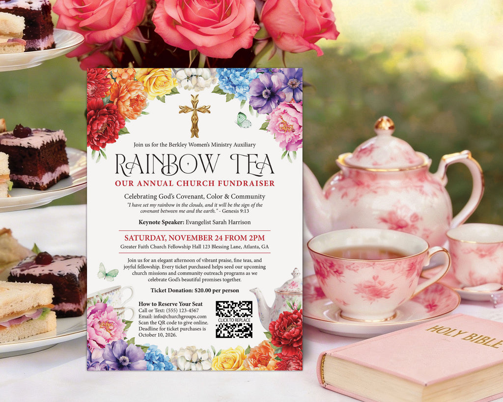 a bright styled women's ministries church rainbow tea invitation for fundraising on an elegant tea table, leaning against a tiered stand with food, next to a teapot, cups and pink holy bible