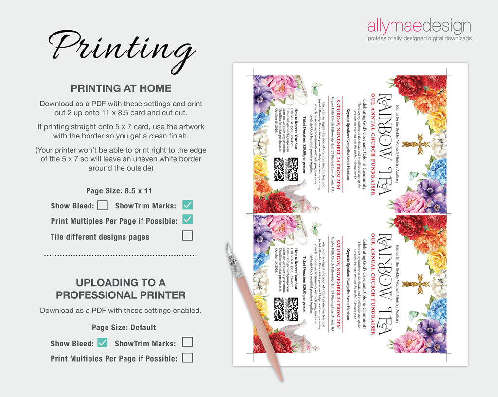 instructions on how to print out the church rainbow tea fundraiser event invitation with QR Code