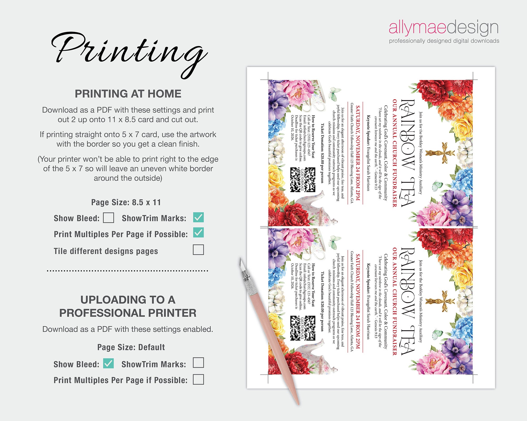 instructions on how to print out the church rainbow tea fundraiser event invitation with QR Code