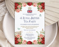 Invitation card for a Royal British Tea Party with red and pink roses, teapot, crown and flag logo and butterflies on a white plate with a dried leaf