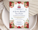Invitation card for a Royal British Tea Party with red and pink roses, teapot, crown and flag logo and butterflies on a white plate with a dried leaf