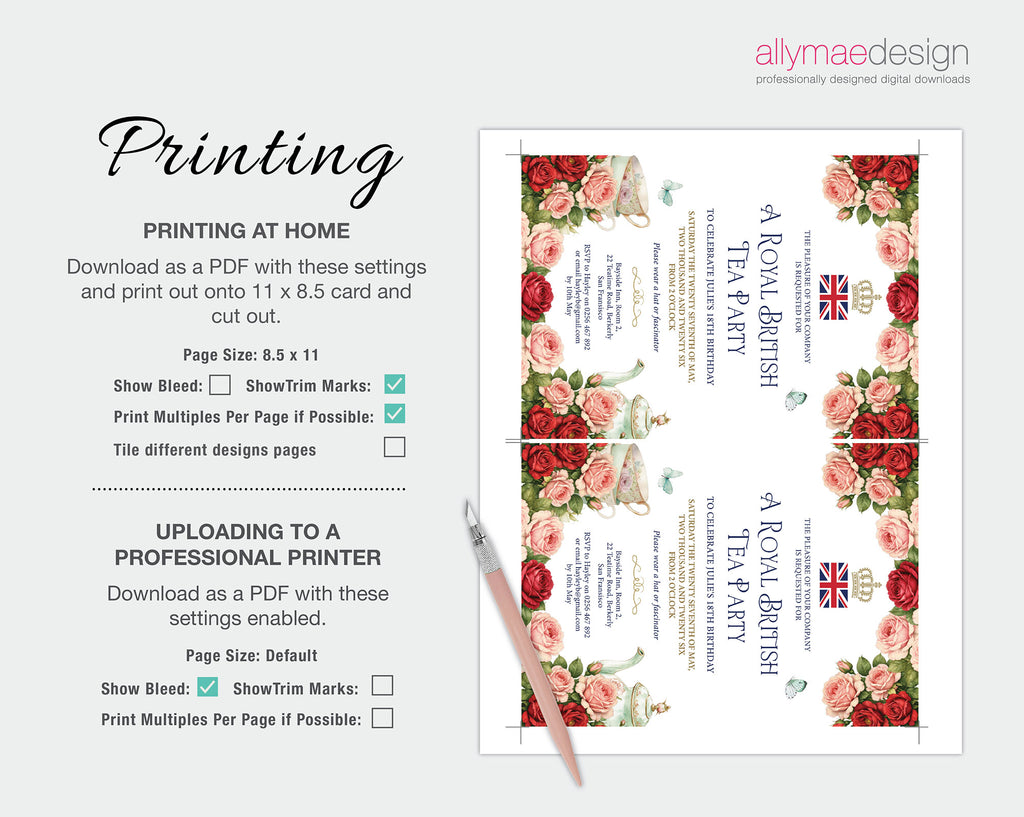Design template for a Royal British Tea Party with floral border and text, featuring printing instructions.