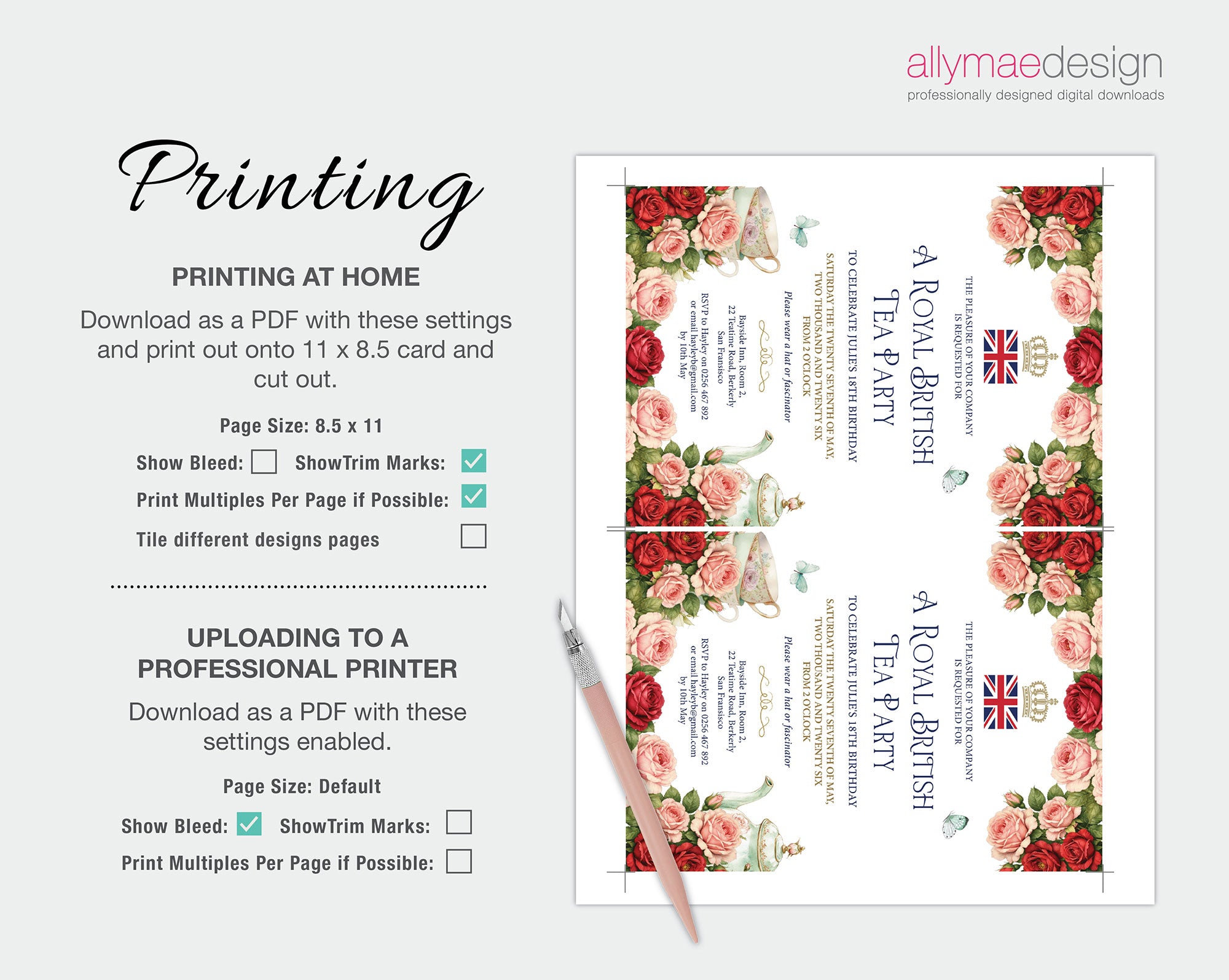 Design template for a Royal British Tea Party with floral border and text, featuring printing instructions.