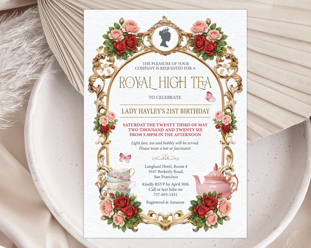 lovely princess royal high tea invitation with gold frame, red and pink roses and cameo laying on a brown envelope with dried flowers
