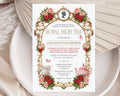lovely princess royal high tea invitation with gold frame, red and pink roses and cameo laying on a brown envelope with dried flowers