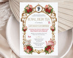 lovely princess royal high tea invitation with gold frame, red and pink roses and cameo laying on a brown envelope with dried flowers