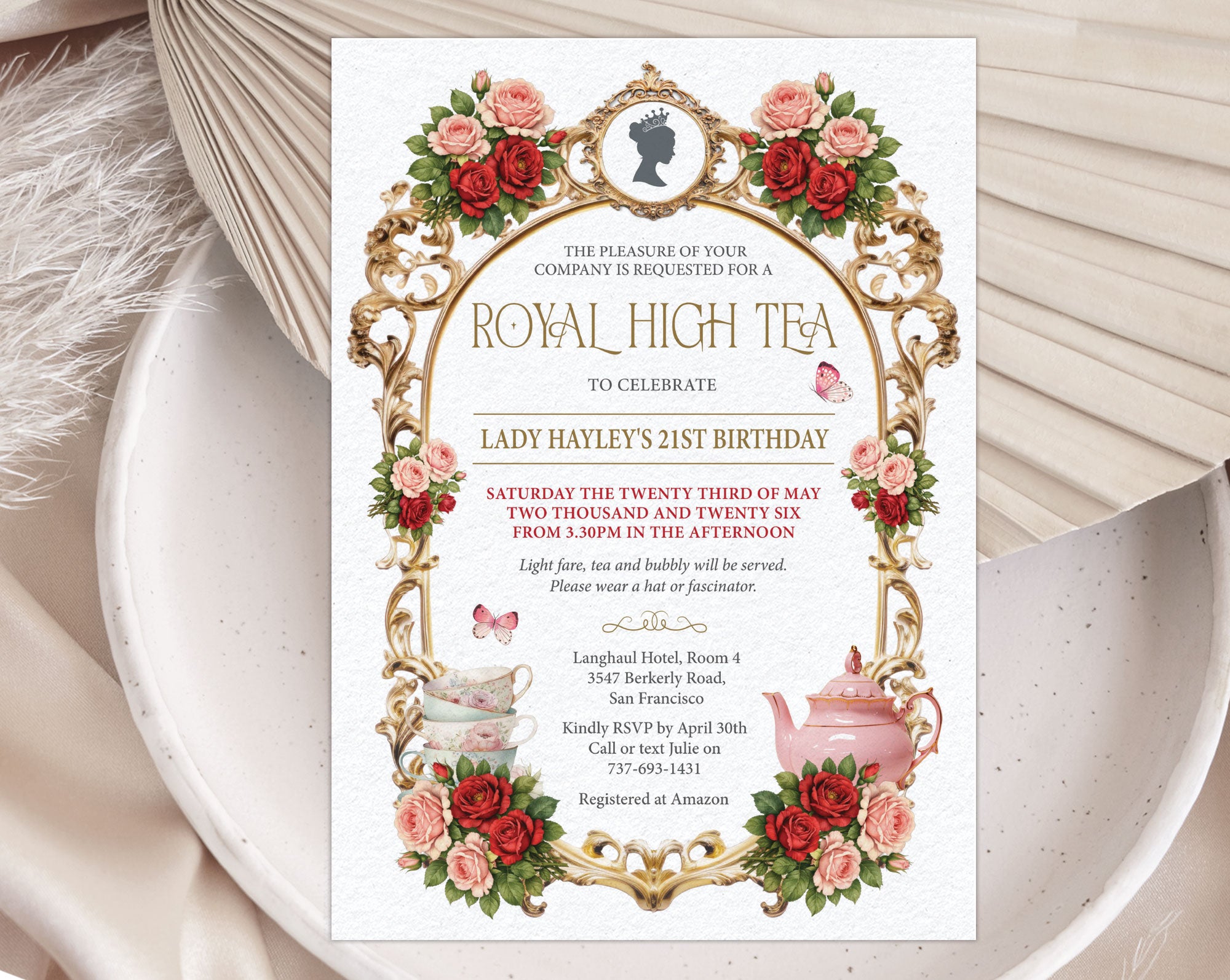 lovely princess royal high tea invitation with gold frame, red and pink roses and cameo laying on a brown envelope with dried flowers
