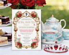 a royal high tea invitation leaning up against a tiered stand of cakes and sandwiches next to a vase with red roses and a tiara