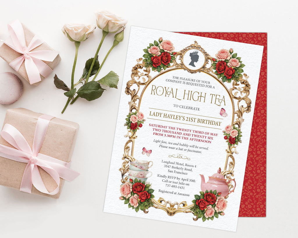 pretty royal high tea party invitation with teapot and tea cup graphics, flowers, ornate golden frame and a princess silhouette laying on a white background next to roses and gifts