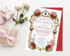 pretty royal high tea party invitation with teapot and tea cup graphics, flowers, ornate golden frame and a princess silhouette laying on a white background next to roses and gifts