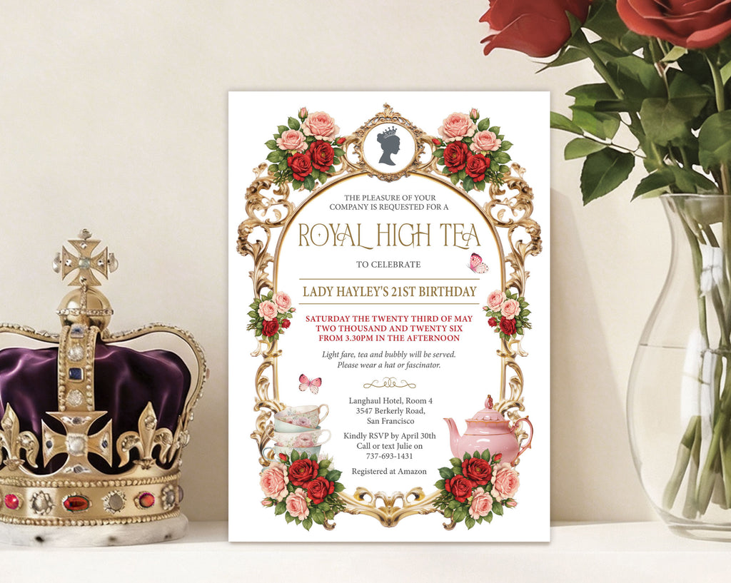 a princess high tea party invitation leaning against a wall next to a crown and vase of red roses