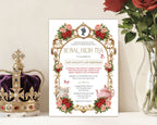 a princess high tea party invitation leaning against a wall next to a crown and vase of red roses