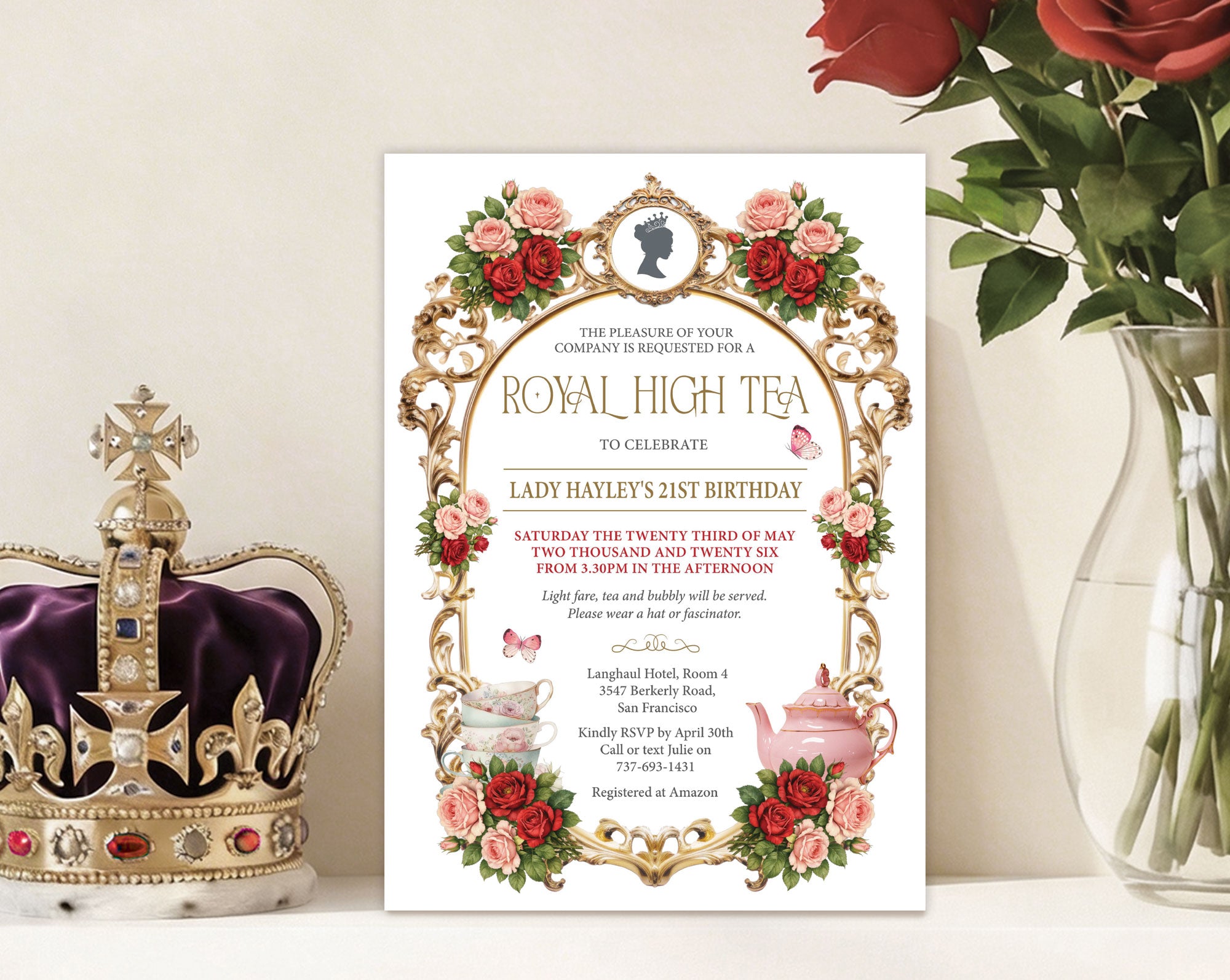 a princess high tea party invitation leaning against a wall next to a crown and vase of red roses