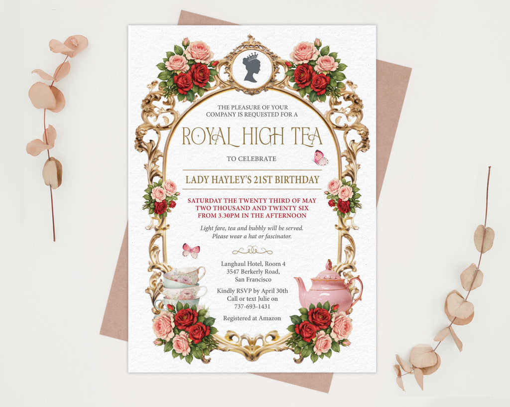 elegant blue gold red royal high tea party invitation on a beige background with 2 dried leaves