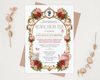 elegant blue gold red royal high tea party invitation on a beige background with 2 dried leaves