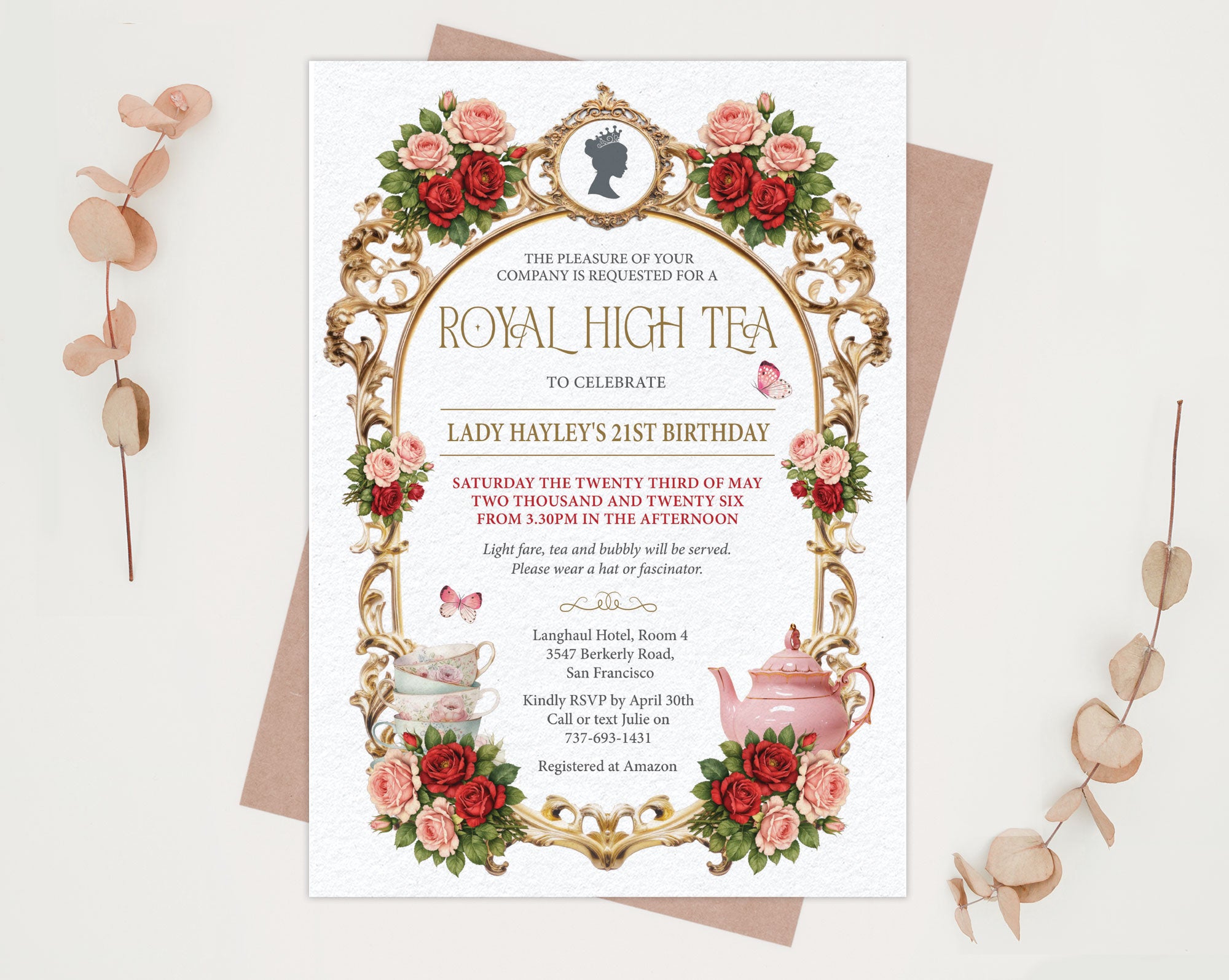 elegant blue gold red royal high tea party invitation on a beige background with 2 dried leaves