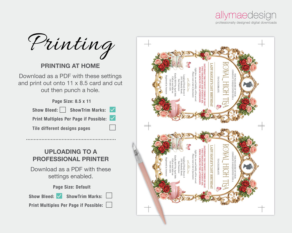 printing instructions for the princess royal high tea party invitation