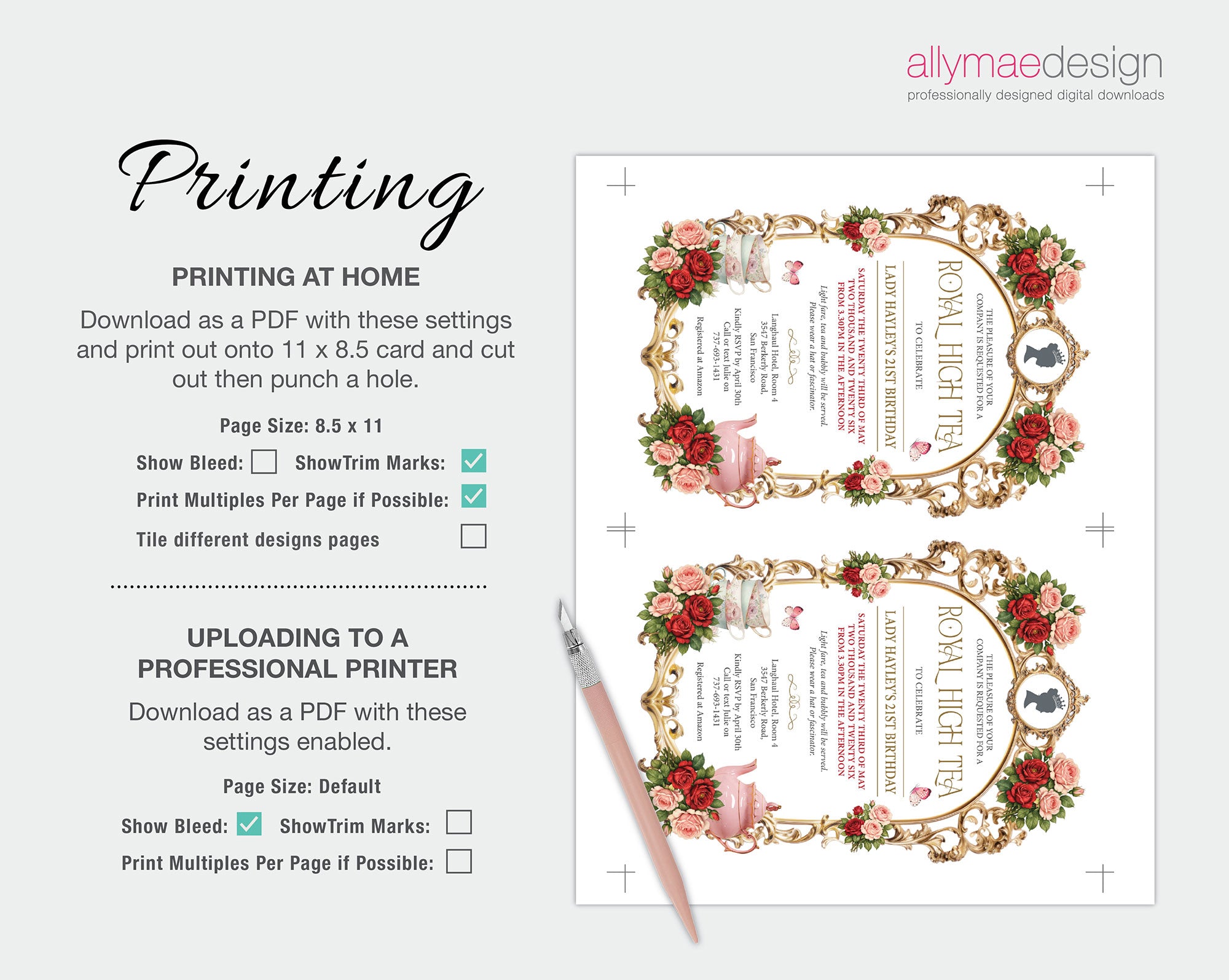 printing instructions for the princess royal high tea party invitation