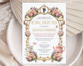 lovely princess royal high tea invitation with gold frame, pastel peonies and cameo laying on a white plate with dried flowers