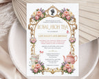 lovely princess royal high tea invitation with gold frame, pastel peonies and cameo laying on a white plate with dried flowers