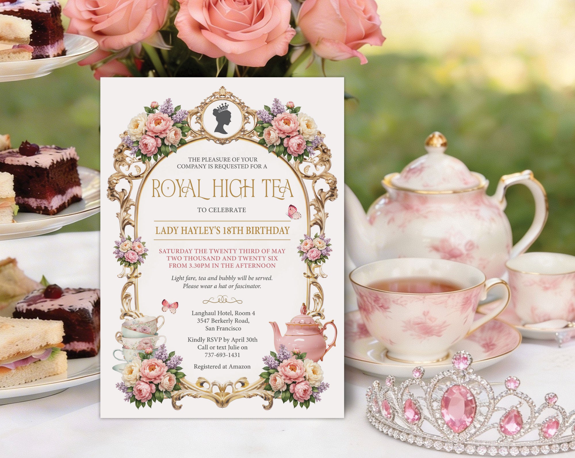 a royal high tea invitation leaning up against a tiered stand of cakes and sandwiches next to a vase with pink oses and a tiara