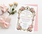 pretty royal high tea party invitation with teapot and tea cup graphics, flowers, ornate golden frame and a princess silhouette laying on a white background next to roses and gifts