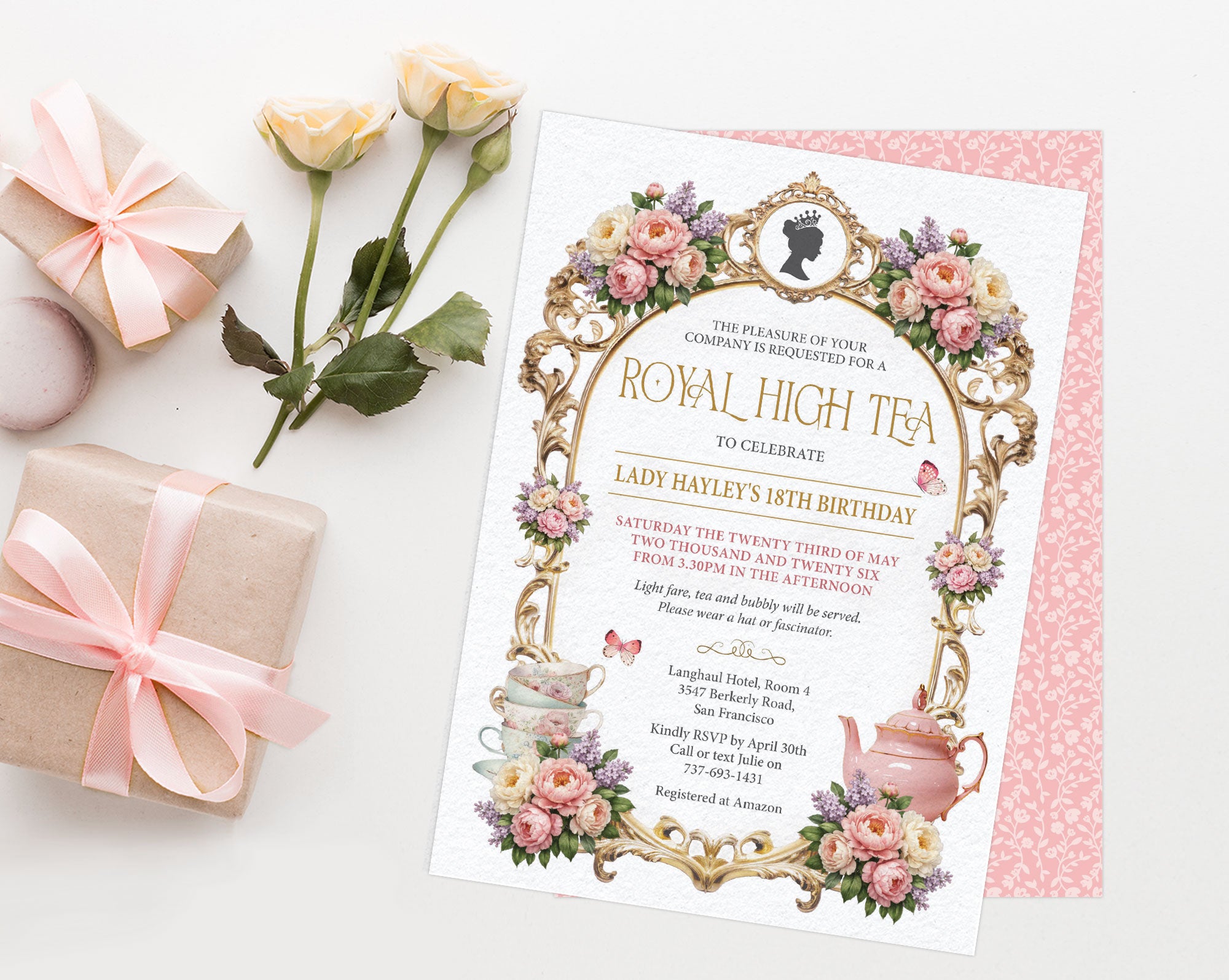 pretty royal high tea party invitation with teapot and tea cup graphics, flowers, ornate golden frame and a princess silhouette laying on a white background next to roses and gifts