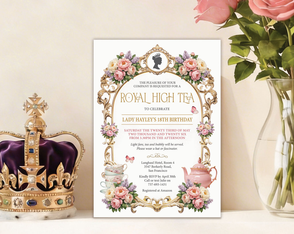 a princess high tea party invitation leaning against a wall next to a crown and vase of pink roses