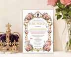 a princess high tea party invitation leaning against a wall next to a crown and vase of pink roses