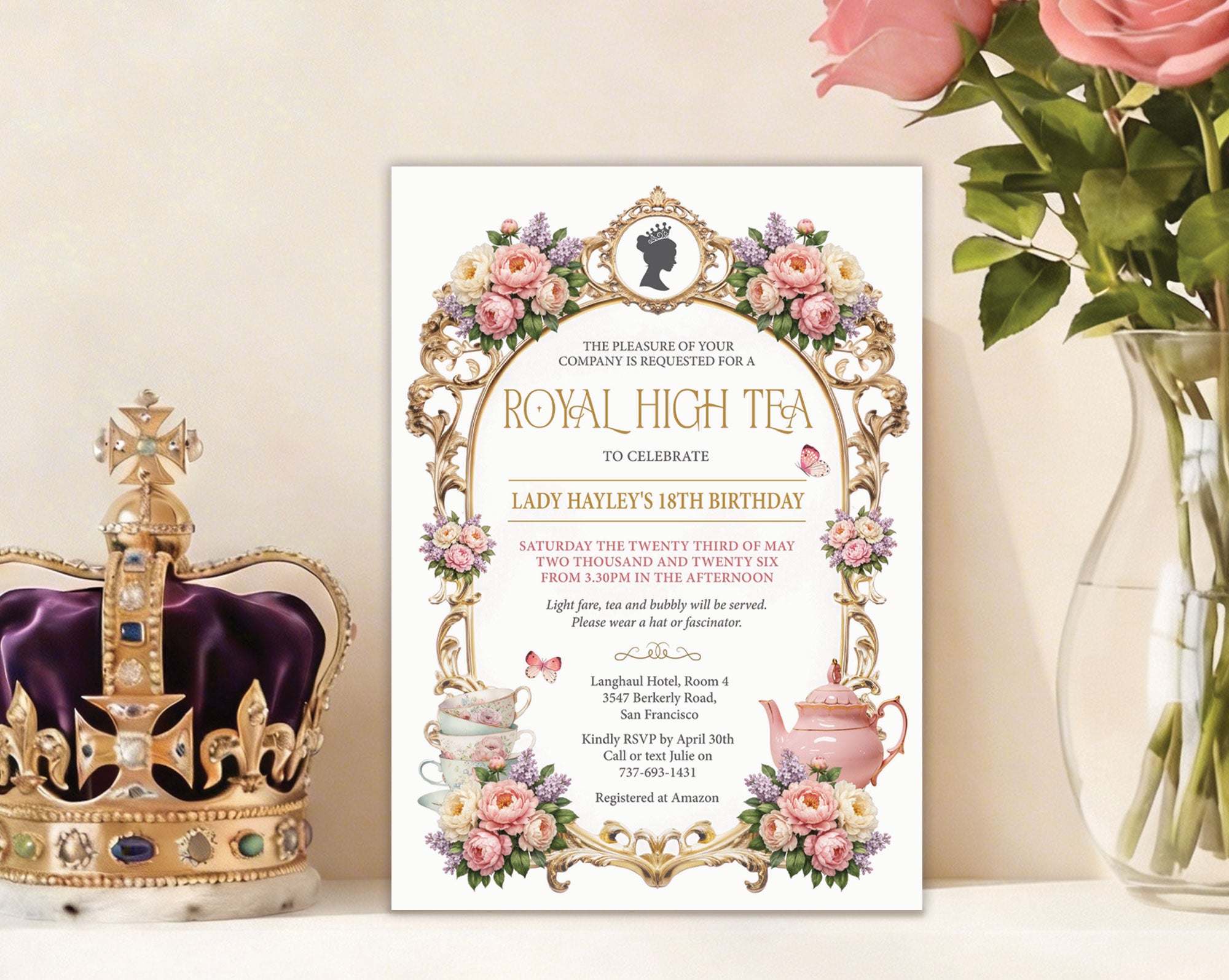 a princess high tea party invitation leaning against a wall next to a crown and vase of pink roses