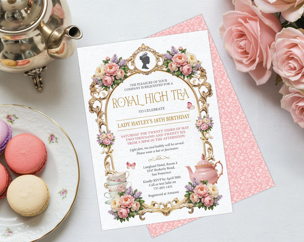 elegant pastel peony royal high tea party invitation laying on a grey background surrounded by a silver teapot, plate of macarons and some pink roses