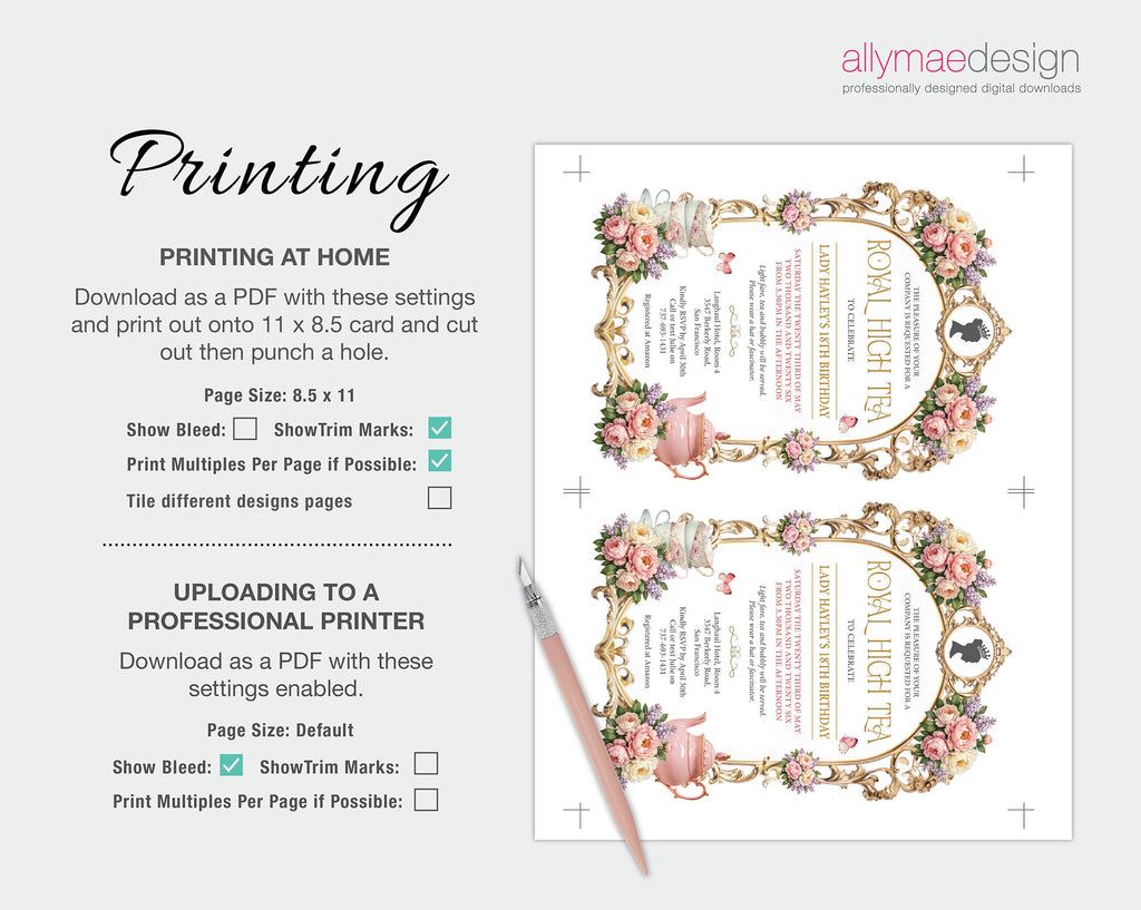 printing instructions for the princess royal high tea party invitation