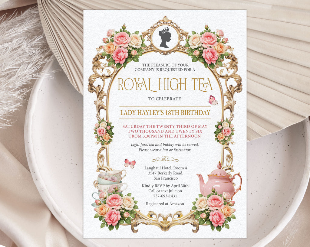 lovely princess royal high tea invitation with gold frame, pink, white and yellow roses and cameo laying on a white plate with dried flowers