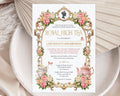 lovely princess royal high tea invitation with gold frame, pink, white and yellow roses and cameo laying on a white plate with dried flowers