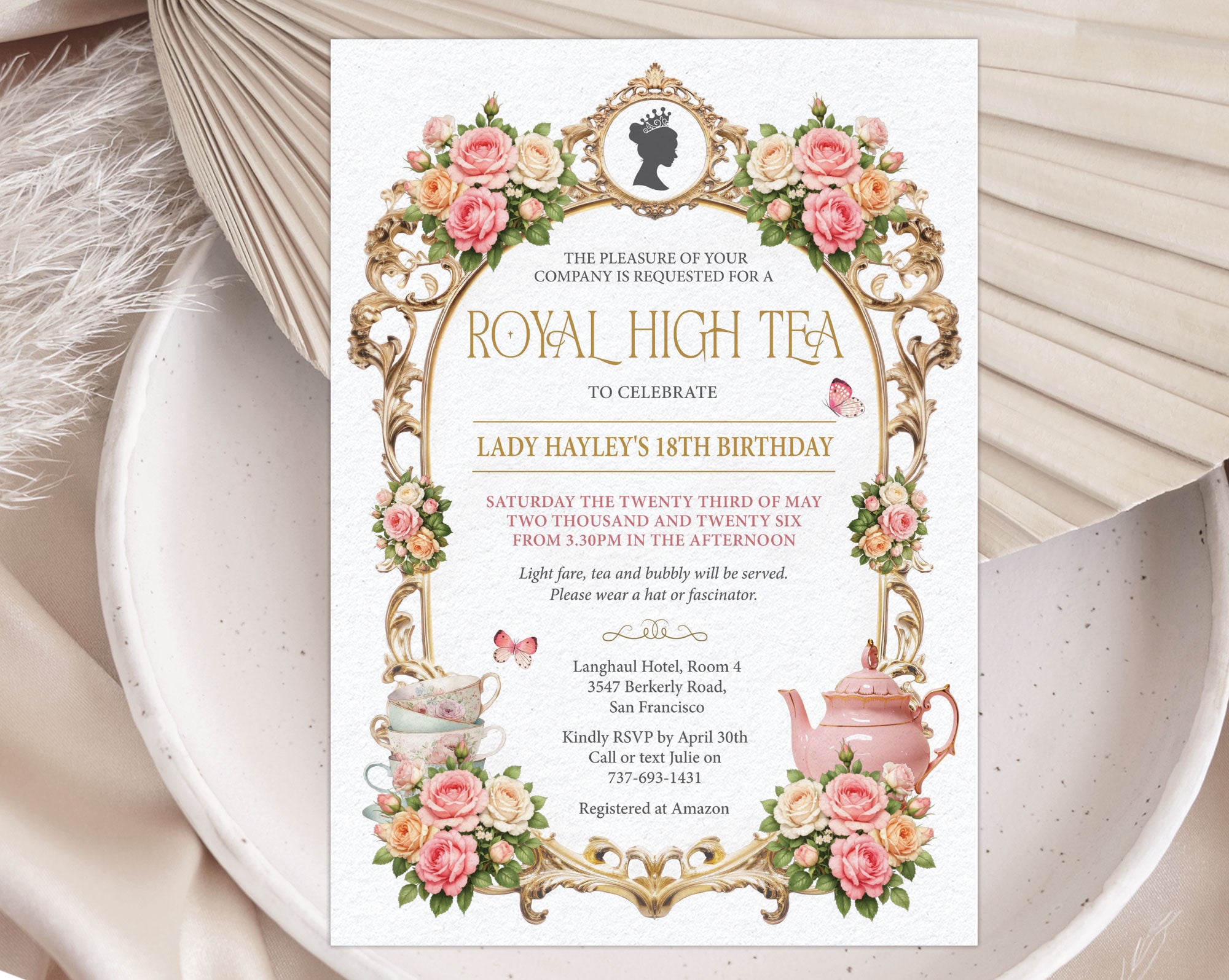 lovely princess royal high tea invitation with gold frame, pink, white and yellow roses and cameo laying on a white plate with dried flowers