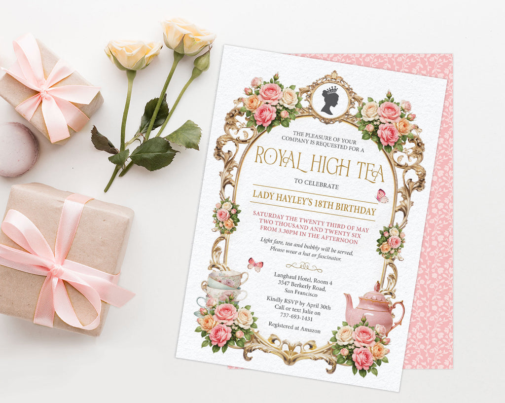 pretty royal high tea party invitation with teapot and tea cup graphics, flowers, ornate golden frame and a princess silhouette laying on a white background next to roses and gifts