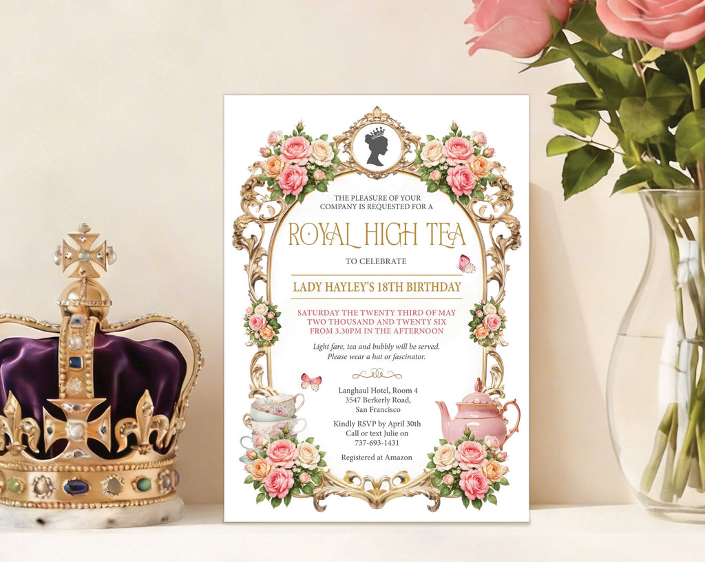a princess high tea party invitation leaning against a wall next to a crown and vase of pink roses