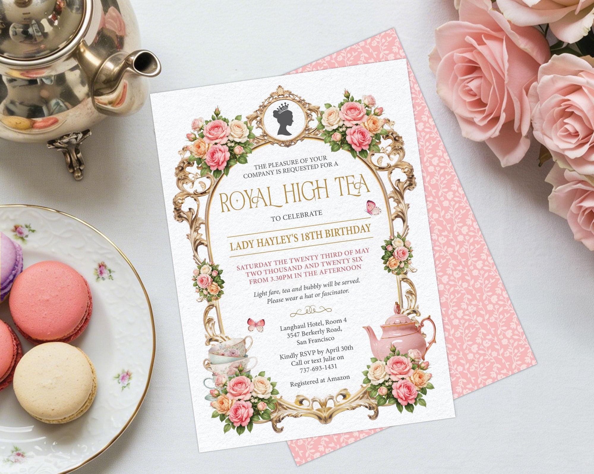 elegant pink and white rose royal high tea party invitation laying on a grey background surrounded by a silver teapot, plate of macarons and some pink roses
