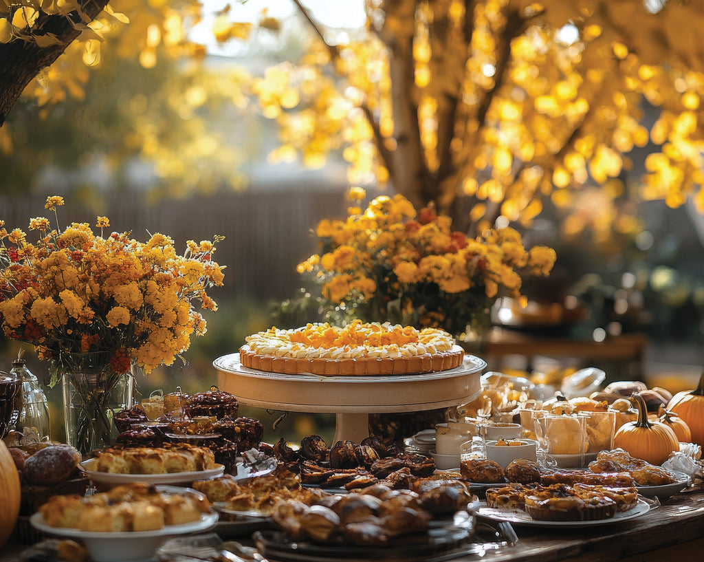 An outdoor autumn-themed buffet table filled with pastries, pies, and desserts, decorated with yellow flowers and pumpkins under golden sunlight.