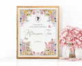 8x10 Regency afternoon Tea Welcome Sign in a gold frame leaning up against a white wall next to some pink flowers in a vase