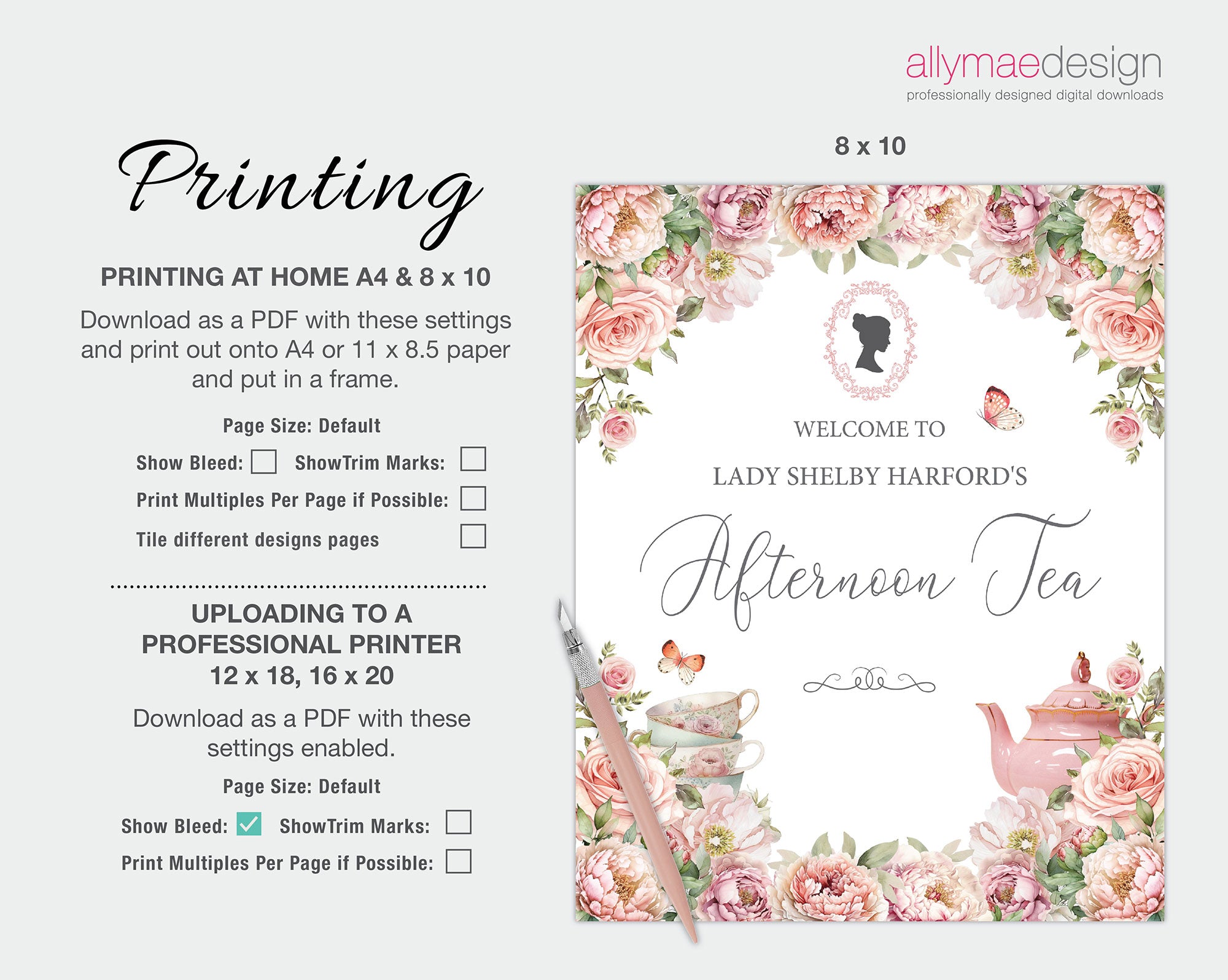 printing instructions for the blush pink afternoon tea welcome sign