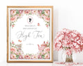 Decorative poster for a high tea event with floral design and a framed silhouette, next to a vase of pink flowers.