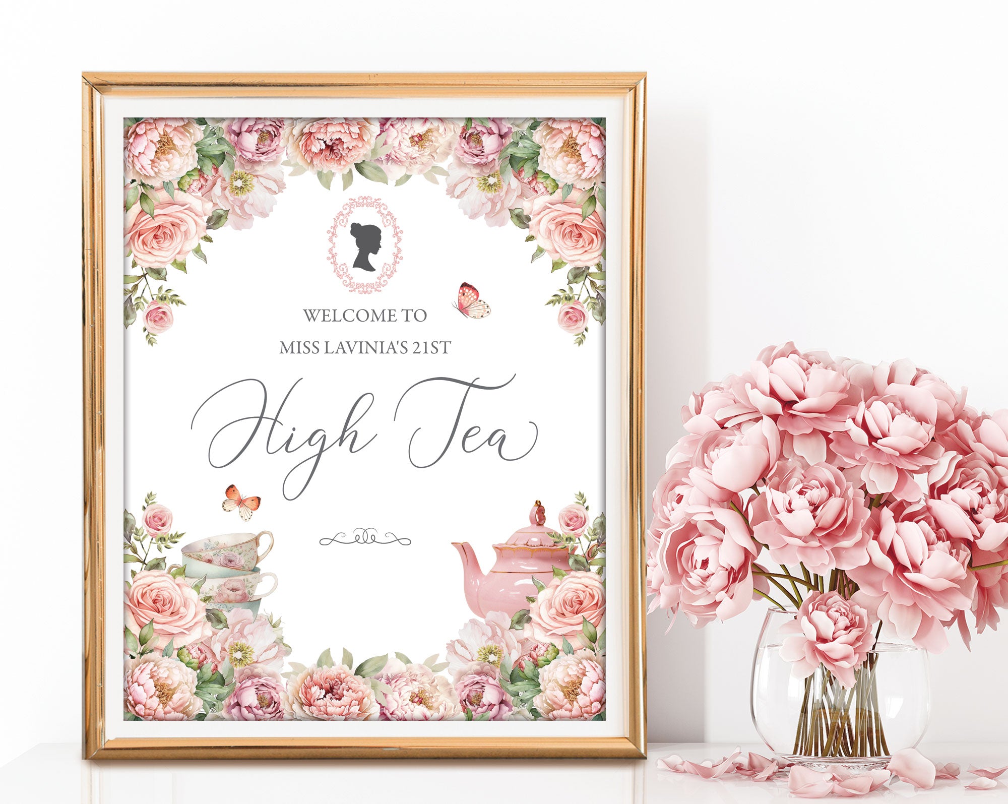 Decorative poster for a high tea event with floral design and a framed silhouette, next to a vase of pink flowers.