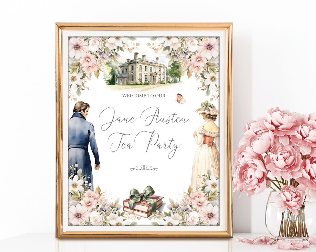Framed welcome sign for a Jane Austen-themed tea party with decorative elements on a white background.