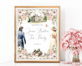 Framed welcome sign for a Jane Austen-themed tea party with decorative elements on a white background.