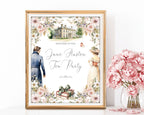 Framed welcome sign for a Jane Austen-themed tea party with decorative elements on a white background.