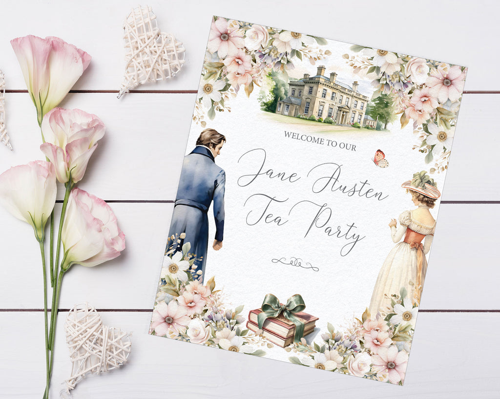 Small Welcome Sign for a Jane Austen Tea Party with floral design, couple in vintage attire illustration on a wooden surface with flowers.